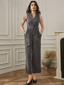 Dazy-Less Women's Casual, Everyday, Workwear Sleeveless Wide Leg Jumpsuit With Peak Collar And Waist Belt, Spring/Summer - Grey - View 6