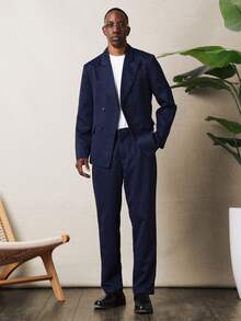 SUMWON 海军蓝细条纹双排扣西装外套和西裤两件套商务正装套装，经典专业男装，适合办公室、婚礼等场合。 - 藏蓝色 - 查看 1