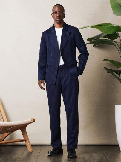 SUMWON Conjunto de traje formal de negocios de dos piezas con blazer de doble botonadura a rayas azul marino y pantalones rectos, clásico atuendo masculino profesional para oficina y boda