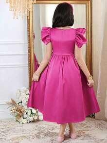 Tween Girl Elegant Square Neck Gigot Sleeve Pearl Decor Dress - Hot Pink - View 4
