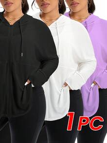 Rhythm Era Plus Size Women's Solid Color Drop Shoulder Long Sleeve Zipper Front Drawstring Hooded Sports Jacket - Black - View 1