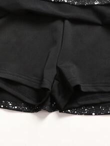 SHEIN 少女休闲运动体操瑜伽闪亮优雅高弹力箔针织露背连体紧身衣，黑色 - 黑色 - 查看 8