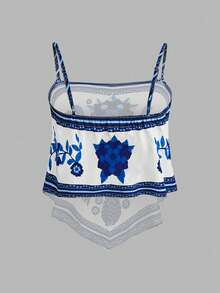 Sweetra 大码不对称下摆吊带背心和吊带衫，饰有节日、波西米亚风、嬉皮风、牛仔风、老钱主题印花 - 藍白色 - 查看 2