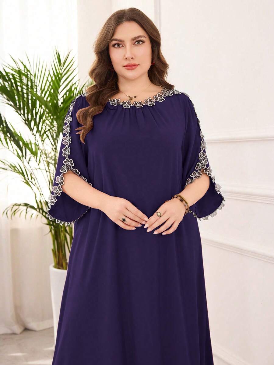 Lacomfia Plus Size Elegant Floral Applique Open Sleeve Dress - Purple - View 1