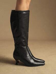 Rosivie 女士尖头时尚高跟过膝长靴，适合派对和各种场合 - 黑色 - 查看 5