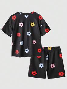 SHEIN 两件套女童可爱花卉刺绣圆领宽松短袖T恤和打底裤套装，适合春夏季日常休闲和上学穿着。 - 黑色 - 查看 2