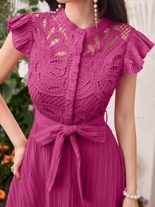 Modelyn 酒红色女士纯色简约日常系带连衣裙长款女装晚礼服 - 玫紅色 - 查看 2