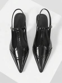 Mnmlis Black Patent Leather Brogues T-Strap Pointed Toe Stiletto Heel Sandals, French Retro Hollow Carved Closed Toe Backless Sandals, High-End Design Genuine Leather Metal Buckle Strap Women Shoes, Niche Luxury Commuter Versatile Dark Style Sandals Valentine's Day - Black - View 3