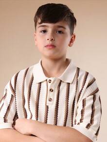 SUMWON Striped Crochet Polo And Short Co-Ord Set Collared Button Placket Summer Outfit Two Piece Casual Ensemble Vertical Stripe Pattern Textured Knit Vacation - Multicolor - View 5