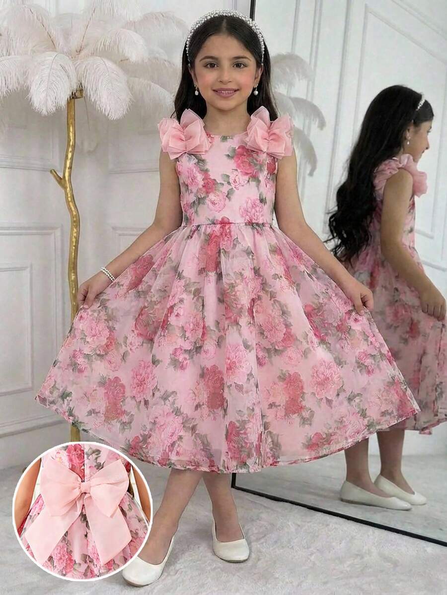 SHEIN 青少年女孩優雅花卉圖案3D花朵裝飾A字中長洋裝 - 藕粉色 - 查看 1