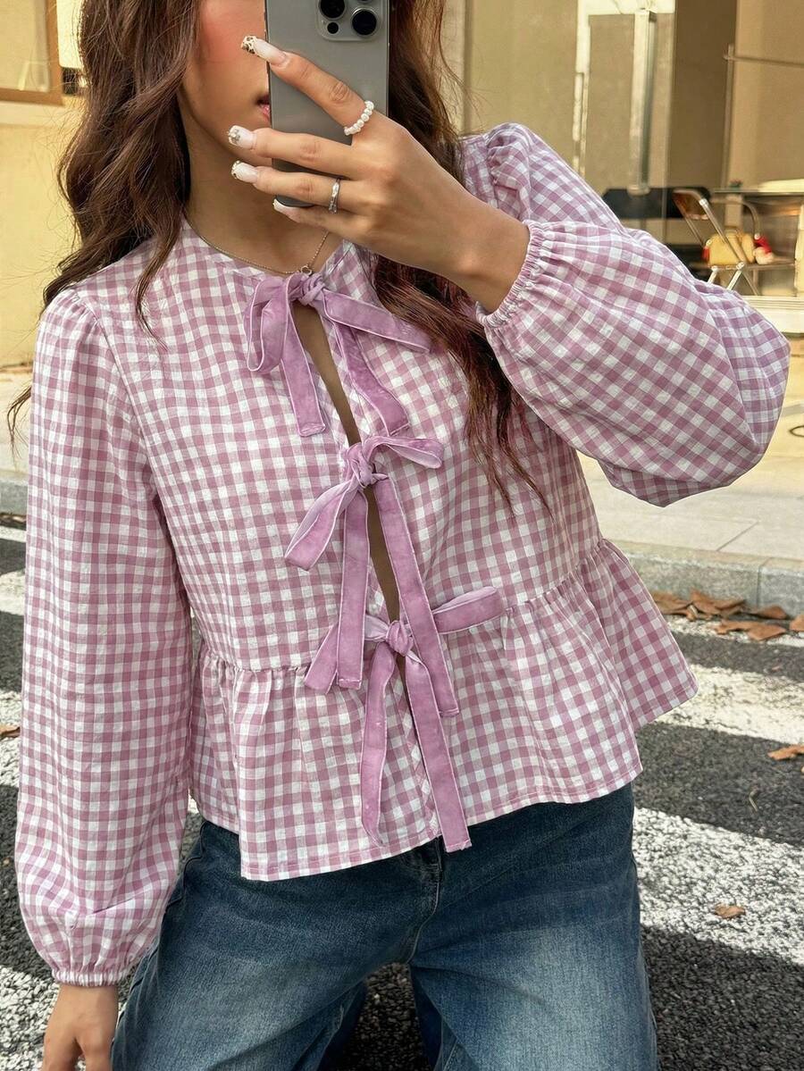 SHEIN EZwear 女士复古时尚黑白格子前襟天鹅绒系带泡泡袖宽松衬衫 - 藕粉色 - 查看 1