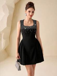 Modelyn Women's Black Knit Bubble Pearl Waist A-Line Sleeveless Elegant Dress, Spring/Summer - Black - View 5