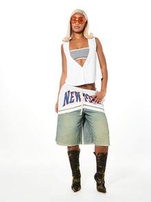 SUMWON WOMEN Basketball New York Print Spliced Denim Shorts With Distressed Hem And Drawstring Waist - Blue - View 6