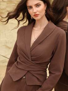 Modelyn Damen braune Washed Bindegürtel elegante Bluse und gerade Hose, Frühling/Sommer - Braun - Übersicht 3