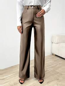 EURMUSE Quần giả da dáng rộng, cạp cao, khóa kéo, sang trọng - Màu nâu  Mocha - Xem 5