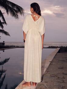 Swim Mulvari Women's Summer Vacation Metal Buckle Pleated Deep V Waist Wrap Dress - Beige - View 2