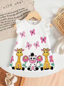 SHEIN Playful Pals Baby Girl Colorful Floral, Butterfly & Animal Print Knit Ruffle Hem White Dress, Summer - Multicolor - View 8