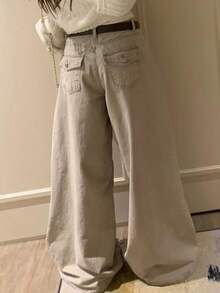 DAZY Vintage Washed Loose High Waist Slimming Wide Leg Straight Dragging Jeans - Khaki - View 4