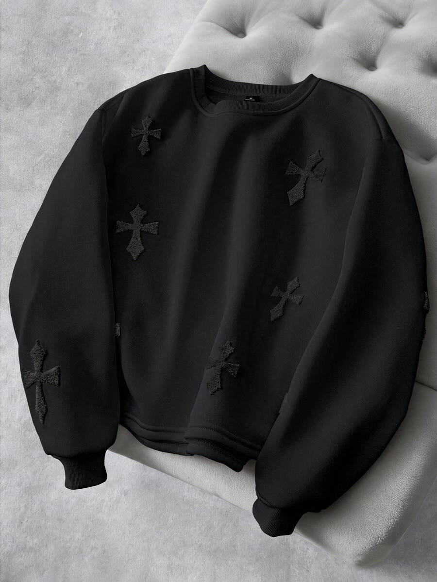 Manfinity EMRG 男士街头风流行INS风十字绣卫衣，适合音乐节、夜店、酒吧等场合，也可作为男友/老公礼物、周年纪念礼物，白色圆领 - 黑色 - 查看 1