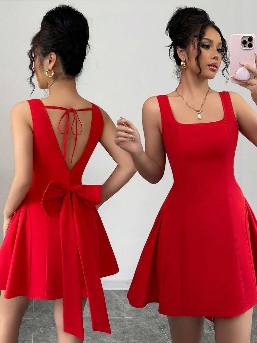 SHEIN PETITE Women's New Square Neck Spaghetti Strap Waist Ruffle Hem Fitted Short Dress - Red - View 1