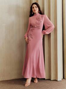 Anewsta Spring/Summer New Arrival Elegant Women's Chiffon Dress, Round Neck, Long Sleeve, Pleated, Pearl Embroidery Applique, Waist Cinched, A-Line Silhouette - Rusty Rose - View 5