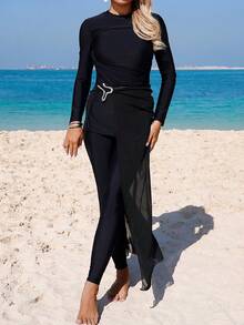 SHEIN Swim 3pcs Women's Black Ruched Burkini Set,Modest Hijab Swimwear With Mesh Skirt,Metal Decor Bodycon Swimsuit,Summer Beach Holiday Middle East Style - Black - View 6