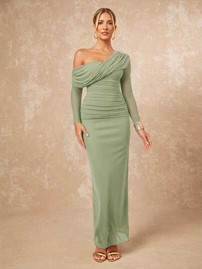 Lumalex Women's Elegant Sexy Burgundy Asymmetric Collar Criss-Cross Ruched Waist Slit Hem Long Sleeve Bodycon Dress, Spring/Summer