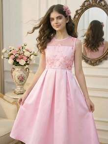 Robe rose à finition satin élégante pour grandes filles, convenant pour les fêtes d'anniversaire, les célébrations familiales et les occasions formelles, été - Rose bonbon - Voir 1
