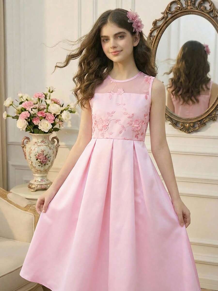 Robe rose à finition satin élégante pour grandes filles, convenant pour les fêtes d'anniversaire, les célébrations familiales et les occasions formelles, été - Rose bonbon - Voir 1