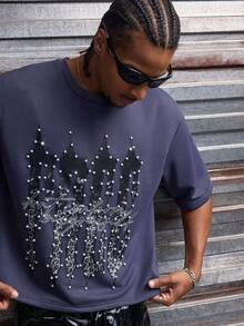 AXEPEAK Men's Graphic T-Shirt, Knitted Sweatshirt, Letter Pattern, White Pearl Embellishment, Loose Short-Sleeved T-Shirt. - Grey - View 9