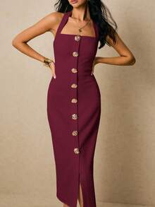 Poéselle 女士纯色前扣露背修身优雅连衣裙 - 酒紅色 - 查看 5