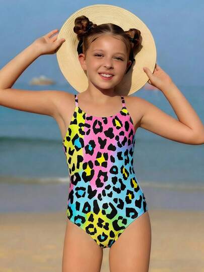 SHEIN Colorful Leopard Print Elastic Woven Fabric Girls' One-Piece, Suitable For Beach, Vacation Girls Leopard Swimsuit Tweens Cheetah Print Bathing Suits Girls Cheetah Swimsuit Girls Colorful Swimsuit Girls Cheetah Print Bathing Suits Leopard Print Swimsuit Cheetah Print Swimsuit