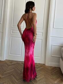 SHEIN BAE Đầm ôm sát màu xanh dương trơn, hở lưng, dây mảnh, đầm maxi hở lưng thanh lịch cho kỳ nghỉ biển, đầm hở lưng gợi cảm, đầm thanh lịch cho buổi hẹn hò, sinh nhật, tiệc đêm, Halloween, Giáng sinh, dịp trang trọng, đầm in họa tiết thanh lịch - Màu Hồng Tươi - Xem 2