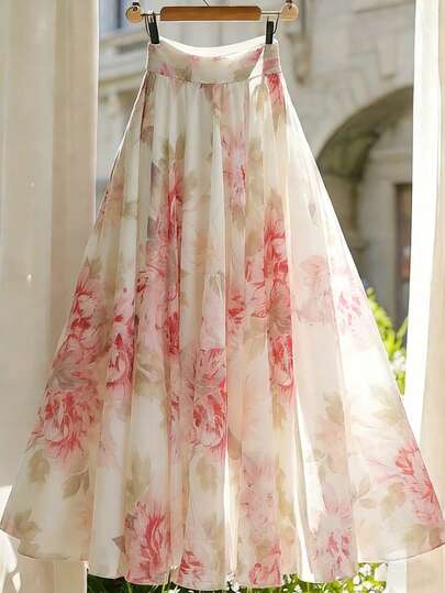 Franclia Women's Elegant Floral A-Line Skirt, Summer