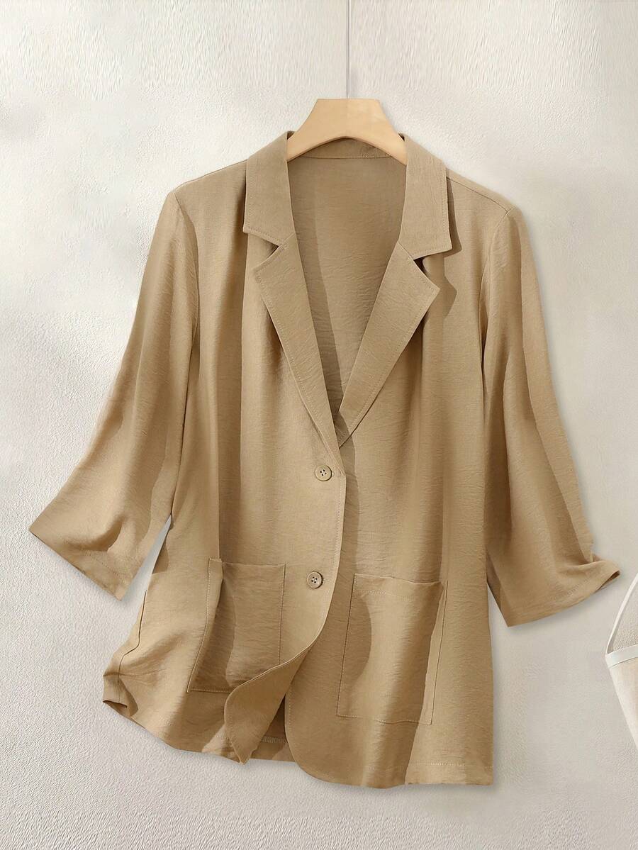 SHEIN Franclia 女士翻领纽扣口袋西装外套 - 棕色 - 查看 1