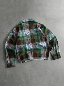 PAVTROS 男士复古宽松颓废风长袖拉链格子衬衫，街头服饰 - 綠色 - 查看 2