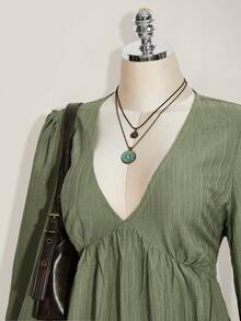 SHEIN ICON Áo nữ cỡ lớn kiểu retro gợi cảm đơn giản, thoải mái, thích hợp đi làm, đi biển, nghỉ mát, chất liệu vải xếp ly, cổ chữ V, tay phồng, eo ôm, màu xanh lá cây. - màu xanh lá - Xem 5