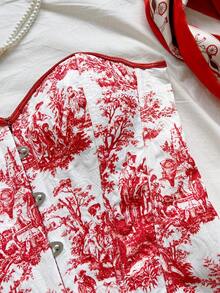 Soleia ملابس علوية قصيرة مزينة بطبعات زهرية ملونة على طراز القصر الرجعي، مع أزرار وربطة خلفية - ابيض واحمر - مشاهدة 3