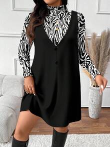 SHEIN Frenchy 大码女式斑马纹长袖立领T恤和围兜连衣裙休闲两件套 - 黑色 - 查看 4