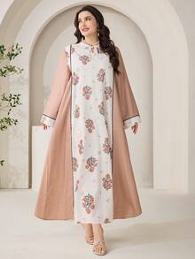Al Najma Plus Size Women's Floral Patchwork Print Twist Keyhole Neck Ruffle Sleeve Loose Dress, Elegant Resort Style, Spring/Autumn - Multicolor - View 4