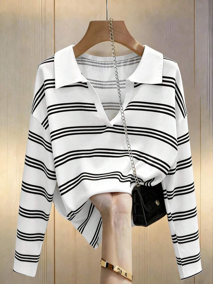 Women's Striped Lapel Drop Shoulder Long Sleeve Casual T-Shirt - White - View 1