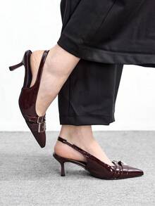 CUCCOO BIZCHIC CUCCOO 女士时尚高跟尖头咖啡棕色漆皮金属扣通勤鞋 - 咖啡棕 - 查看 4