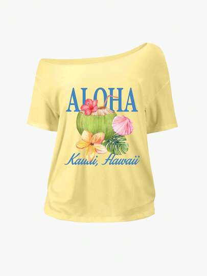 Sweetra Áo thun nữ cỡ lớn, vai lệch, dáng rộng, phong cách ALOHA Hawaii Beach Coconut Hibiscus Shell Y2K, áo thun trắng cỡ lớn.