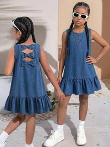 SHEIN Sparklyn Girls' Sleeveless Denim Dress With Ruffled Hem, Fashionable, Spring/Summer - Blue - View 2