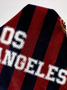 Coolane 休闲简约街头运动风红蓝条纹洛杉矶号码字母图案足球衫网眼T恤，女款，适合夏季穿着 - 彩色 - 查看 7