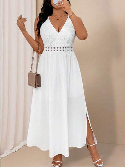 SHEIN Tall CURVE Plus Size Women Summer Elegant Contrast Lace Sleeveless Waist Cinched Split Hem Vacation Dress