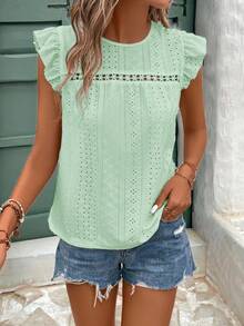 SHEIN Frenchy Áo thun cổ tròn viền ren thêu lỗ khuy, viền bèo nhún - màu xanh lá - Xem 5