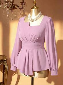 DreamSkyne Plus Size Square Collar Solid Color Ruffled Hem Casual Long Sleeve Shirt, For Christmas Peplum Top - Baby Pink - View 3