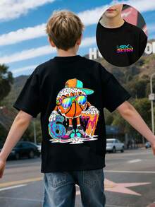 SHEIN 男童休闲时尚创意图案T恤，印有足球、时尚眼镜、甜甜圈、冰淇淋和糖屑图案，舒适百搭的短袖T恤，适合春、夏、秋季穿着。 - 黑色 - 查看 3