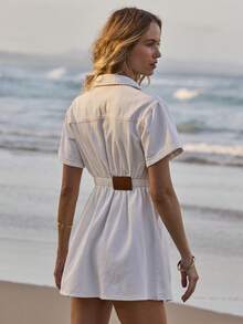 Aralina 女士夏季牛仔纽扣短袖迷你连衣裙，可爱度假穿搭，Y2K斯德哥尔摩风格 - 米色 - 查看 2